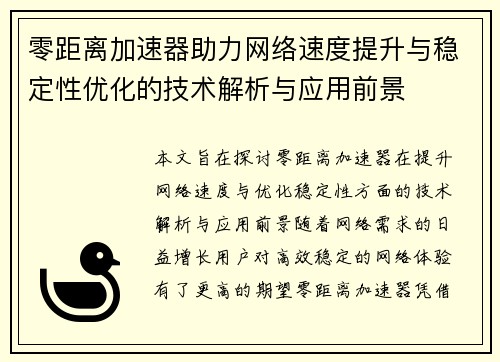 零距离加速器助力网络速度提升与稳定性优化的技术解析与应用前景