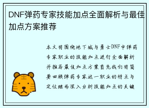 DNF弹药专家技能加点全面解析与最佳加点方案推荐