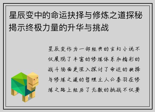 星辰变中的命运抉择与修炼之道探秘揭示终极力量的升华与挑战